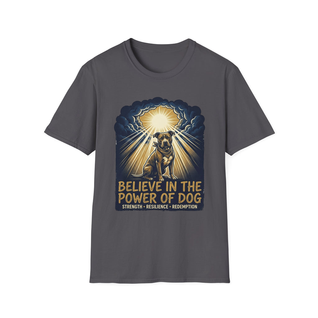 Believe in the Power Pitbull Clouds T-Shirt in charcoal gray, flat lay, featuring a dramatic illustrated graphic of a brindle Pitbull standing before a burst of heavenly light breaking through storm clouds, with text reading Believe in the Power of Dog and Strength, Resilience, Redemption.