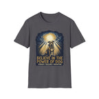 Believe in the Power Pitbull Clouds T-Shirt in charcoal gray, flat lay, featuring a dramatic illustrated graphic of a brindle Pitbull standing before a burst of heavenly light breaking through storm clouds, with text reading Believe in the Power of Dog and Strength, Resilience, Redemption.