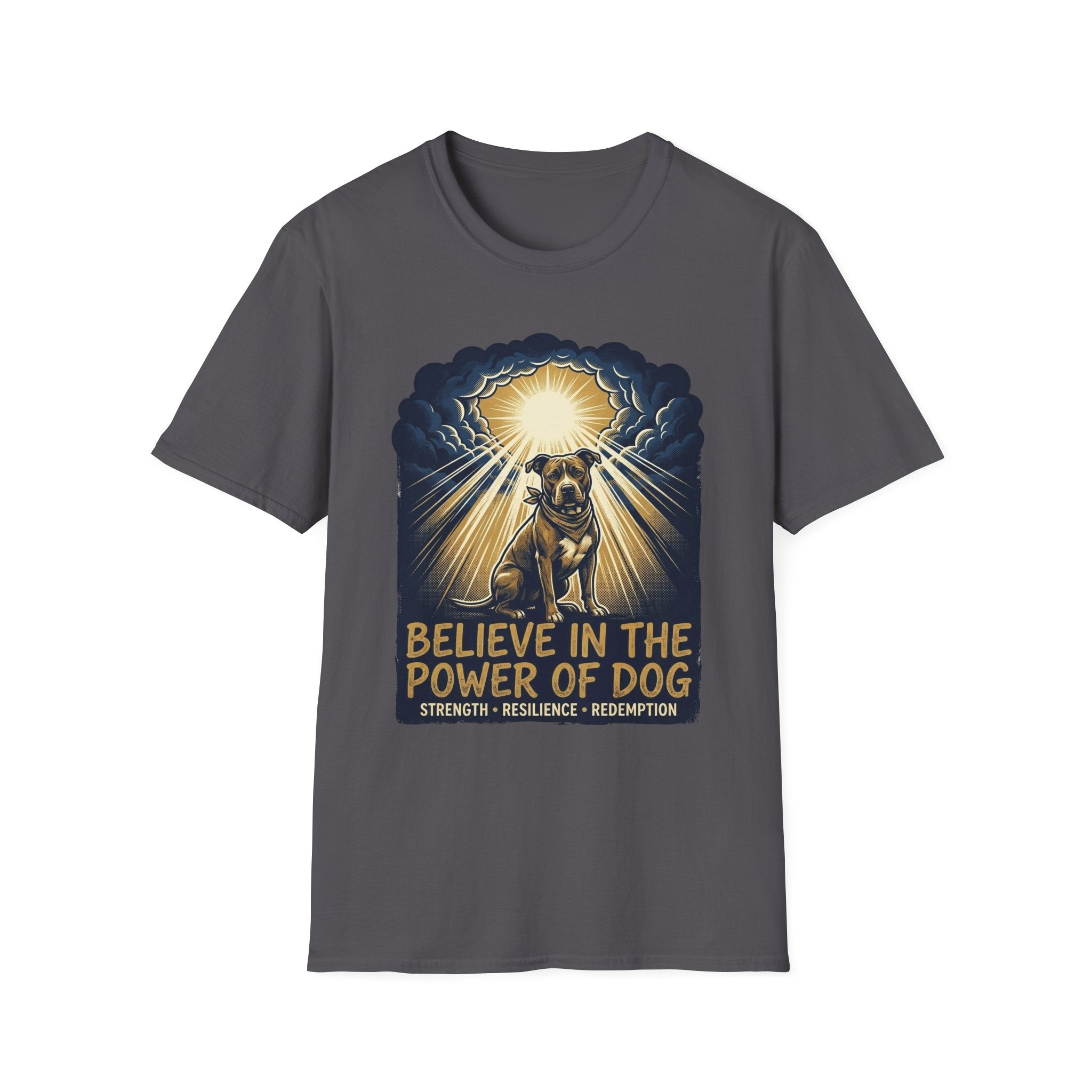 Believe in the Power Pitbull Clouds T-Shirt in charcoal gray, flat lay, featuring a dramatic illustrated graphic of a brindle Pitbull standing before a burst of heavenly light breaking through storm clouds, with text reading Believe in the Power of Dog and Strength, Resilience, Redemption.