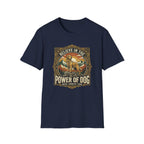 Believe in the Power of Dog T-shirt flat lay in navy blue, featuring a vintage ornate badge graphic of a Labrador standing on a rocky mountain outcrop at sunset, with the text 'Believe in the Power of Dog' and 'Faith, Loyalty, Love'.