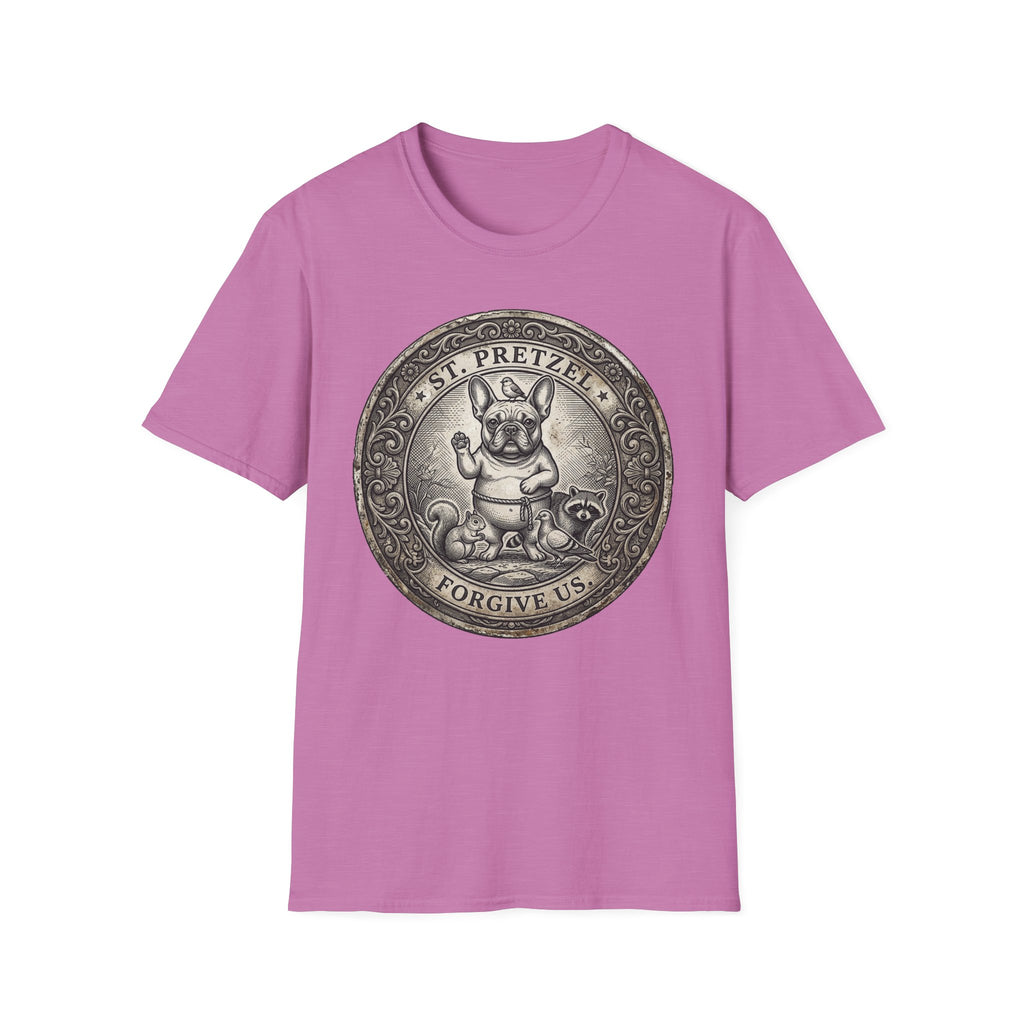 Saint Pretzel Forgive Us T-Shirt flat lay on lilac pink shirt featuring an engraved medallion design with a French Bulldog saint and the text St. Pretzel Forgive Us.