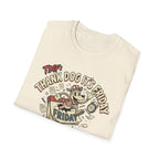Thank Dog It's Friday T-Shirt folded flat lay on natural cream shirt showing the retro cartoon dog and TDIF: Thank Dog It's Friday text design.