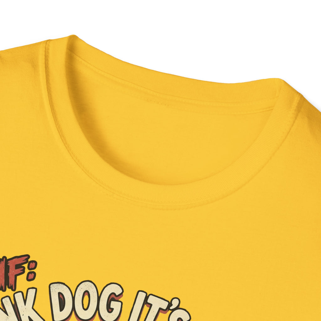 Thank Dog It's Friday T-Shirt close-up detail shot on yellow shirt showing the neckline and top portion of the TDIF cartoon dog graphic.