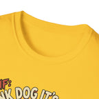 Thank Dog It's Friday T-Shirt close-up detail shot on yellow shirt showing the neckline and top portion of the TDIF cartoon dog graphic.