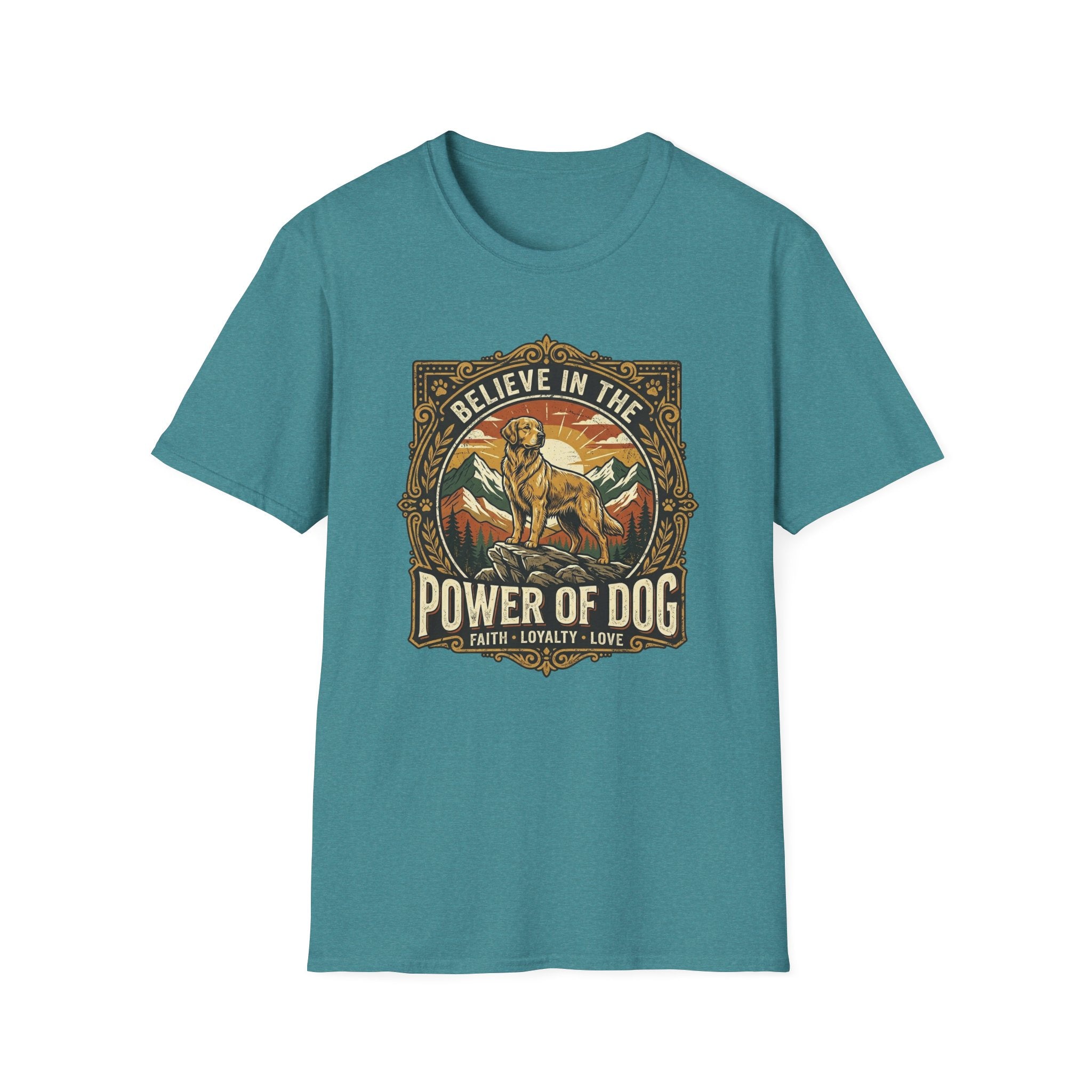 Believe in the Power of Dog T-shirt flat lay in heather teal, featuring a vintage ornate badge graphic of a Labrador standing on a rocky mountain outcrop at sunset, with the text 'Believe in the Power of Dog' and 'Faith, Loyalty, Love'.