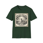 How Great Thou Bark Monotone T-Shirt flat lay on forest green shirt featuring a vintage-style sepia graphic of a dog standing on a hilltop with divine rays of light and an open bible, with the text 'How Great Thou Bark – A Hymn for the Devoted.'