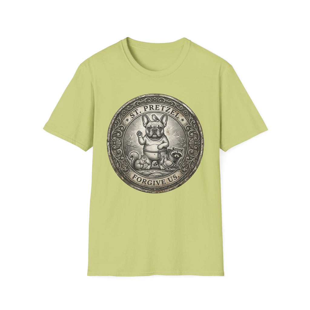 Saint Pretzel Forgive Us T-Shirt flat lay on light green shirt featuring an engraved medallion design with a French Bulldog saint and the text St. Pretzel Forgive Us.