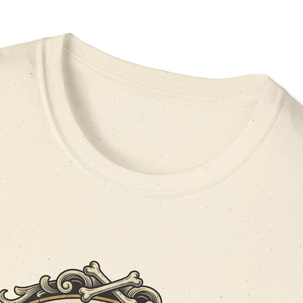 What Would Dog Do T-Shirt close-up detail shot on natural cream shirt showing the neckline and top of the ornate vintage frame with crossed dog bones at the base.