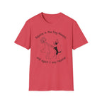 Rejoice in the Dog T-Shirt in heather red, flat lay, featuring a playful line drawing of a woman joyfully dancing with a leaping dog and the text 'Rejoice in the Dog Always, and again I say rejoice!'