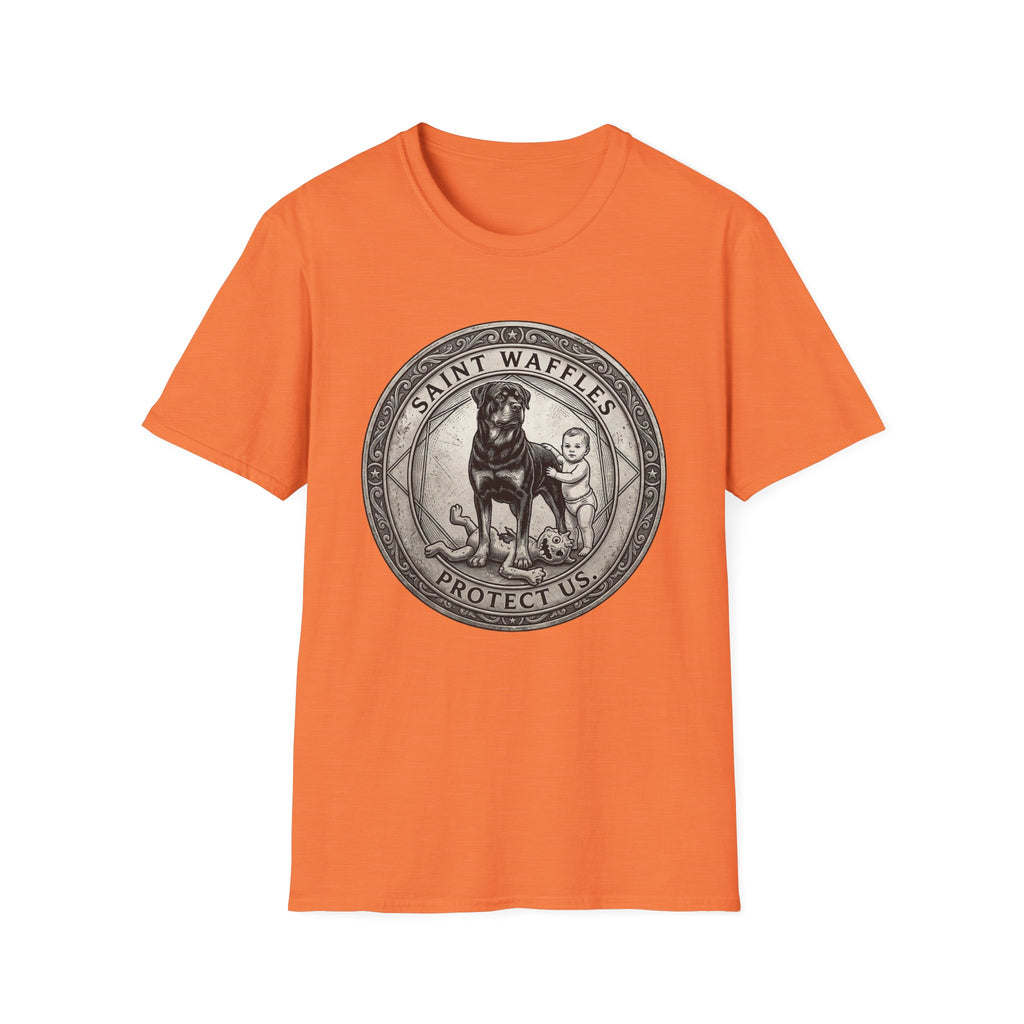 Saint Waffles Protect Us T-Shirt flat lay in orange, featuring a vintage medallion graphic of a Rottweiler standing protectively beside a small child with the text Saint Waffles Protect Us.
