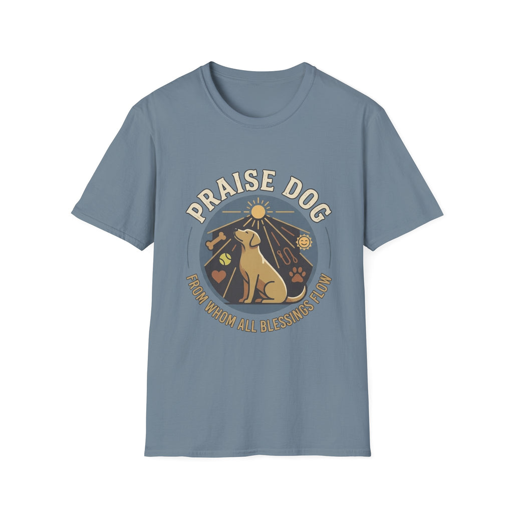 Praise Dog From Whom All Blessings Flow Labrador T-Shirt flat lay in slate blue, featuring a circular badge graphic of a golden Labrador gazing upward at a sunburst, surrounded by icons of a bone, tennis ball, paw print, and smiley face.
