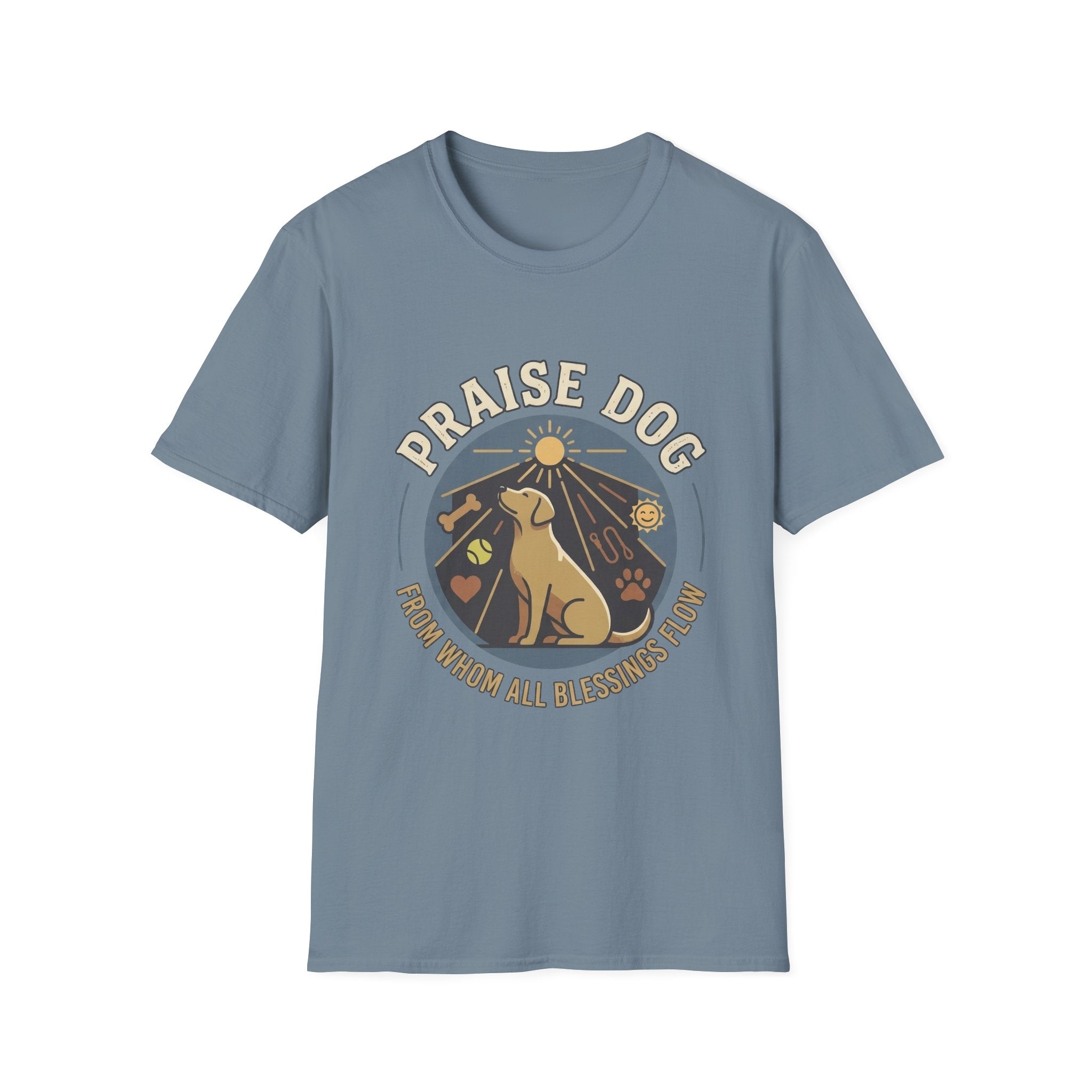 Praise Dog From Whom All Blessings Flow Labrador T-Shirt flat lay in slate blue, featuring a circular badge graphic of a golden Labrador gazing upward at a sunburst, surrounded by icons of a bone, tennis ball, paw print, and smiley face.