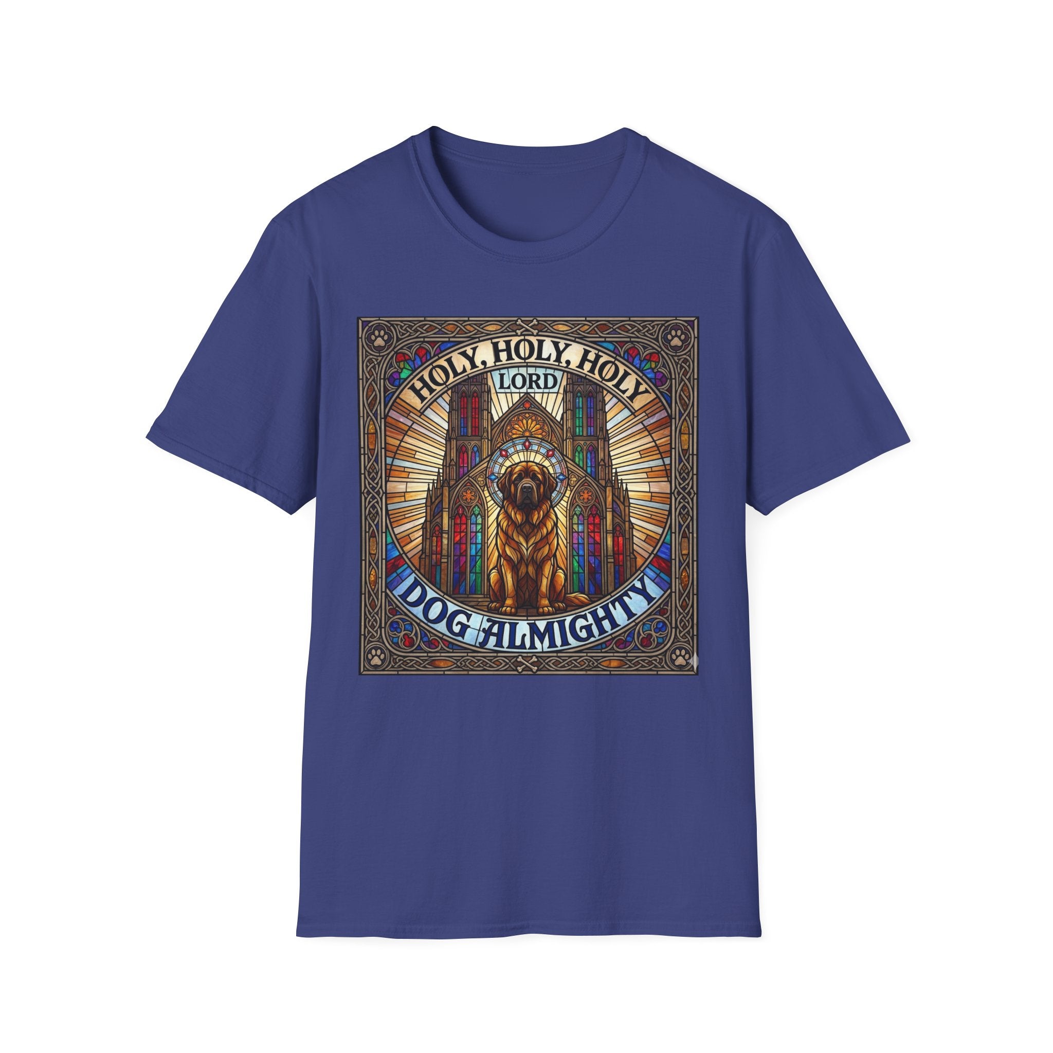 Holy Holy Holy St Bernard T-Shirt flat lay on royal blue, featuring a stained-glass-style illustration of a St Bernard seated before cathedral arches with the text 'Holy Holy Holy Lord Dog Almighty'.