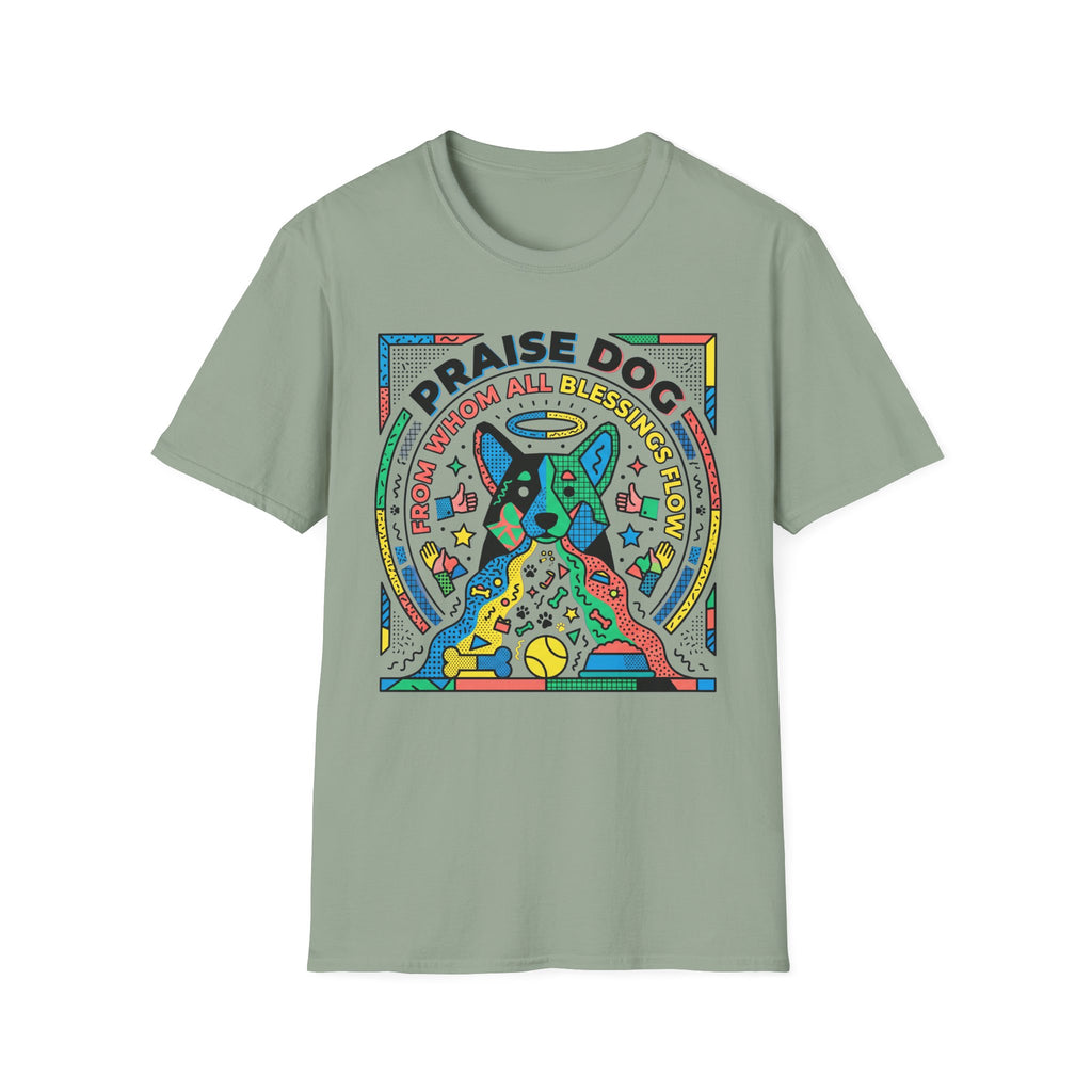 Praise Dog From Whom All Blessings Flow Geometric T-Shirt flat lay in sage green, featuring a bold pop-art style graphic of a colorful geometric dog with a halo, surrounded by stars, thumbs up, and dog toy icons in vivid primary colors.