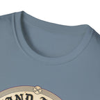 I Stand Amazed Great Dane T-Shirt close-up of the neckline on a slate blue shirt, showing the top arc of the circular Great Dane graphic with crossed bone motif.