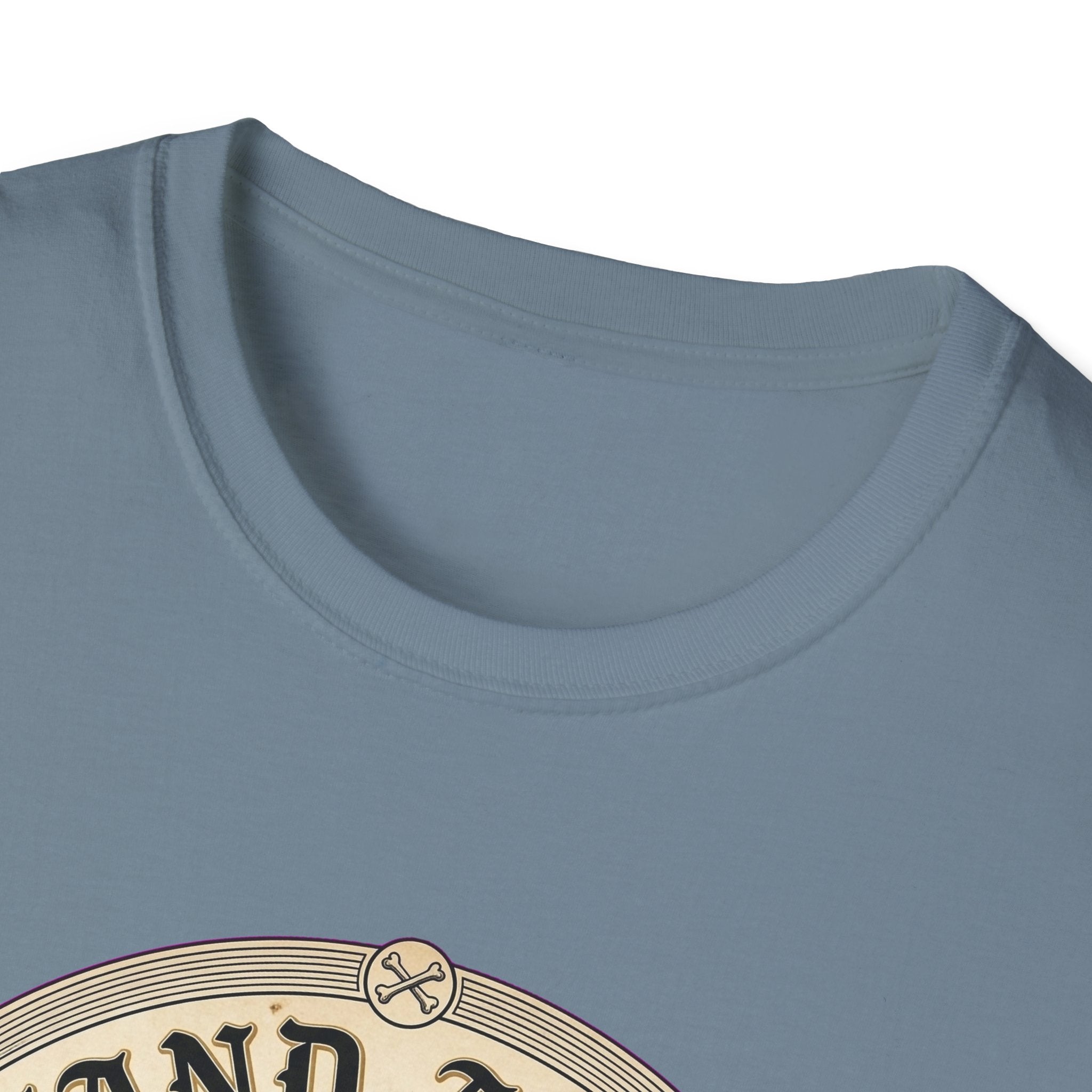 I Stand Amazed Great Dane T-Shirt close-up of the neckline on a slate blue shirt, showing the top arc of the circular Great Dane graphic with crossed bone motif.
