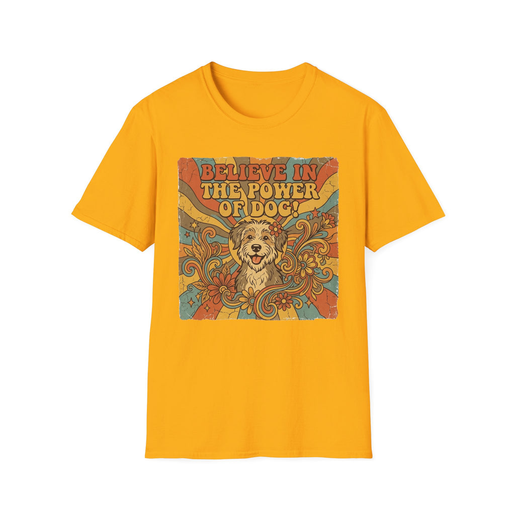 Believe in the Power of Dog Retro T-Shirt flat lay in gold yellow, featuring a vintage 70s-style graphic of a fluffy dog face surrounded by swirling florals and rainbow rays with groovy lettering.