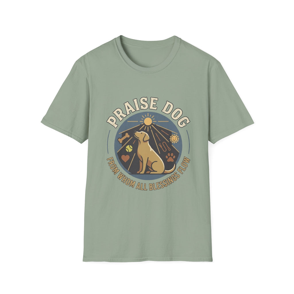 Praise Dog From Whom All Blessings Flow Labrador T-Shirt flat lay in sage green, featuring a circular badge graphic of a golden Labrador gazing upward at a sunburst, surrounded by icons of a bone, tennis ball, paw print, and smiley face.