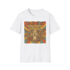 Believe in the Power of Dog Retro T-Shirt flat lay in white, featuring a vintage 70s-style graphic of a fluffy dog face surrounded by swirling florals and rainbow rays with groovy lettering.