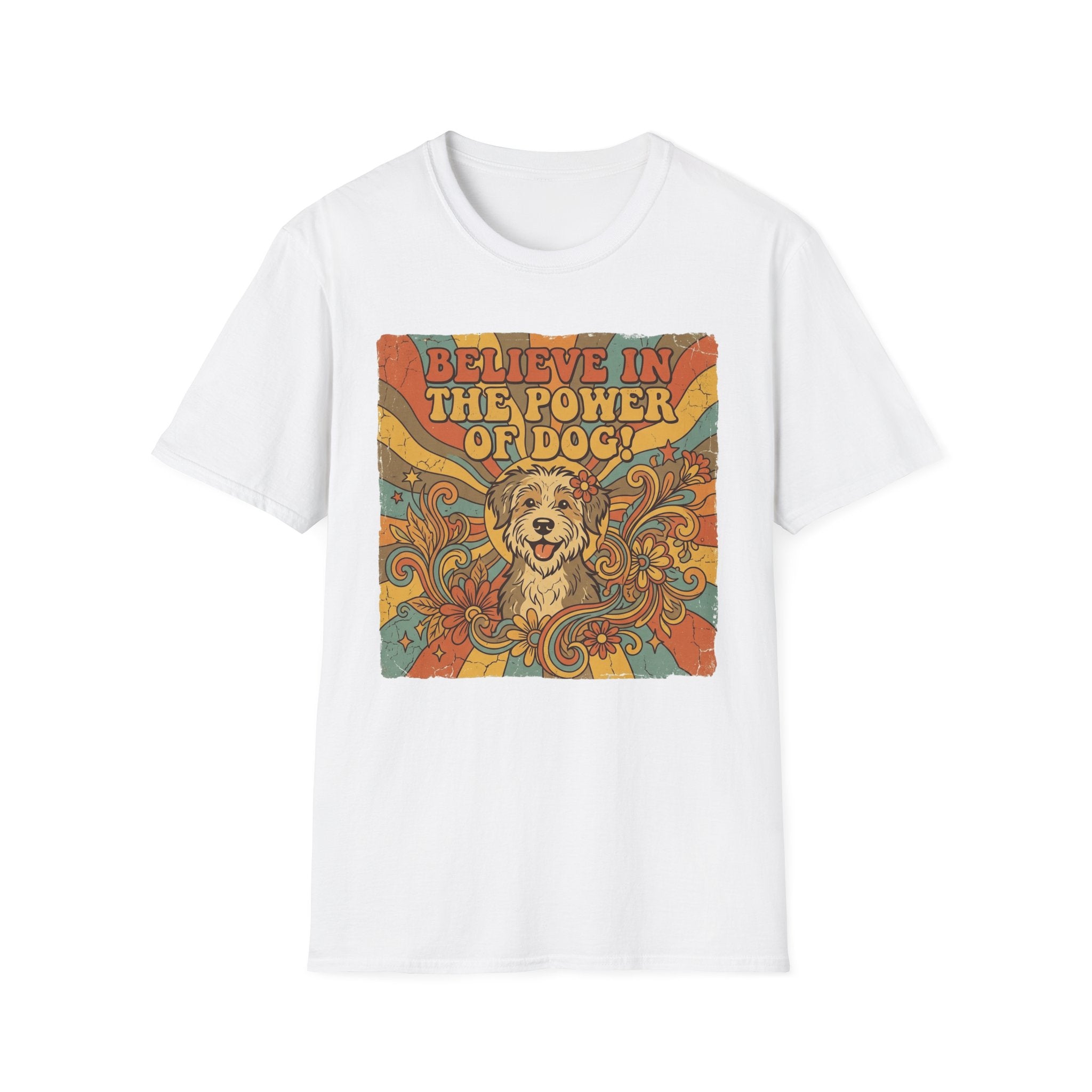 Believe in the Power of Dog Retro T-Shirt flat lay in white, featuring a vintage 70s-style graphic of a fluffy dog face surrounded by swirling florals and rainbow rays with groovy lettering.