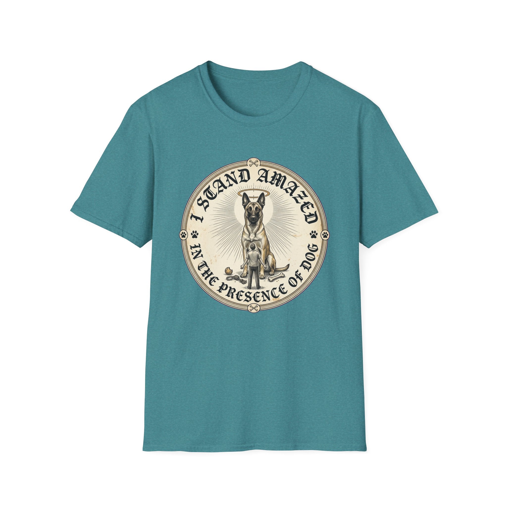 I Stand Amazed Belgian Malinois T-Shirt in heather teal, flat lay front view featuring a vintage-style circular graphic of a Belgian Malinois with a halo, with the text 'I Stand Amazed in the Presence of Dog.'