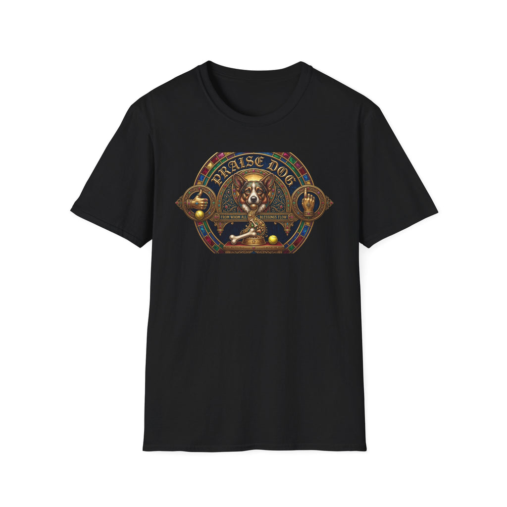 Praise Dog From Whom All Blessings Flow Corgi T-Shirt flat lay in black, featuring an ornate medieval stained-glass style graphic of a regal corgi seated in a jewel-encrusted octagonal frame with gold gothic lettering and dog bone and tennis ball accents.