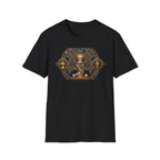 Praise Dog From Whom All Blessings Flow Corgi T-Shirt flat lay in black, featuring an ornate medieval stained-glass style graphic of a regal corgi seated in a jewel-encrusted octagonal frame with gold gothic lettering and dog bone and tennis ball accents.