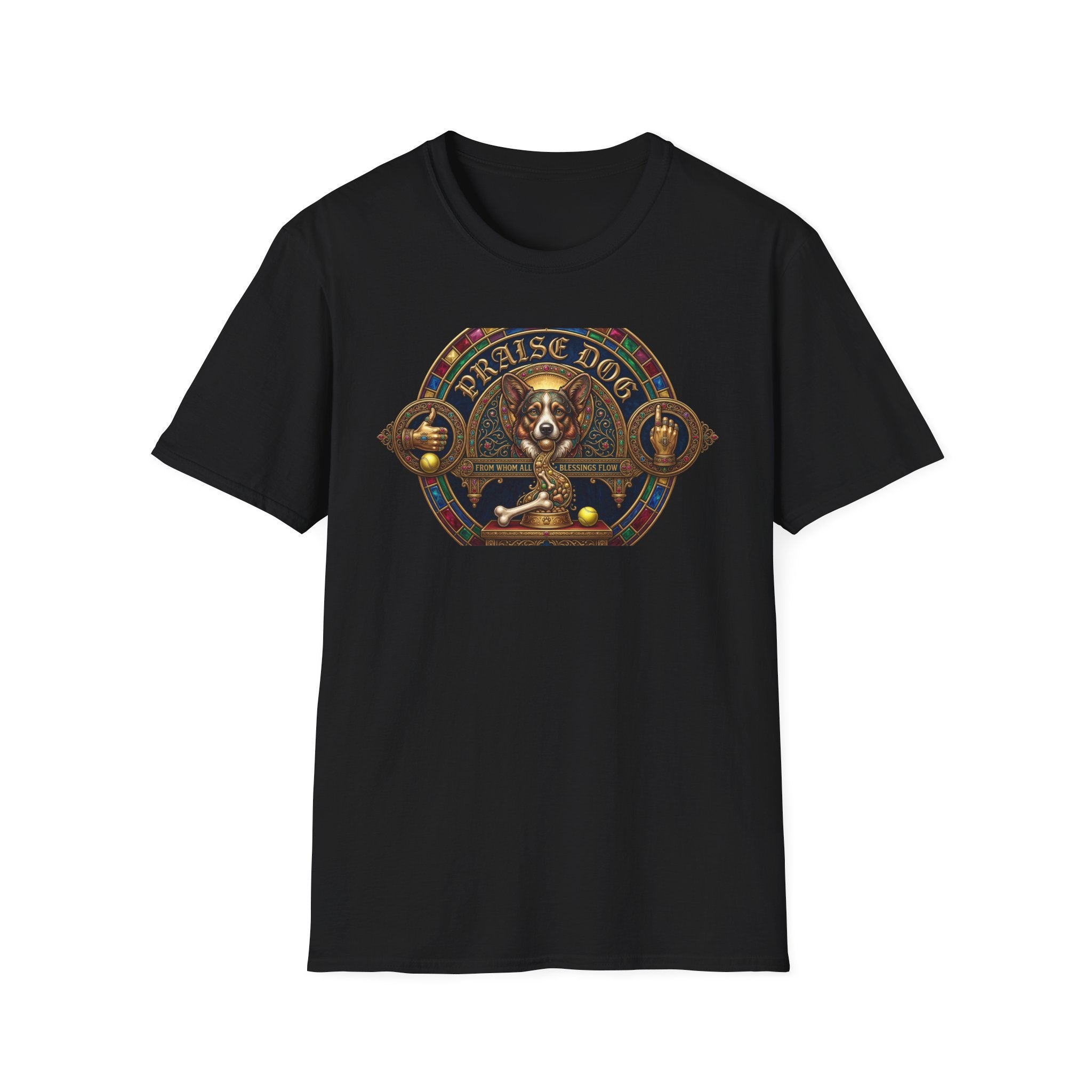 Praise Dog From Whom All Blessings Flow Corgi T-Shirt flat lay in black, featuring an ornate medieval stained-glass style graphic of a regal corgi seated in a jewel-encrusted octagonal frame with gold gothic lettering and dog bone and tennis ball accents.