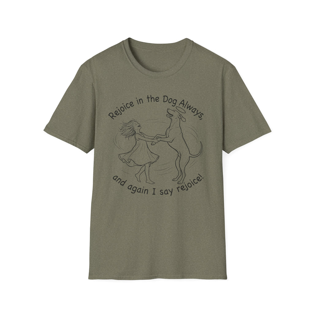 Rejoice in the Dog Rhodesian Ridgeback T-Shirt in military green, flat lay mockup showing a woman joyfully dancing with a rearing Rhodesian Ridgeback line-art illustration and the text 'Rejoice in the Dog Always, and again I say rejoice!'
