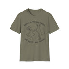 Rejoice in the Dog Rhodesian Ridgeback T-Shirt in military green, flat lay mockup showing a woman joyfully dancing with a rearing Rhodesian Ridgeback line-art illustration and the text 'Rejoice in the Dog Always, and again I say rejoice!'