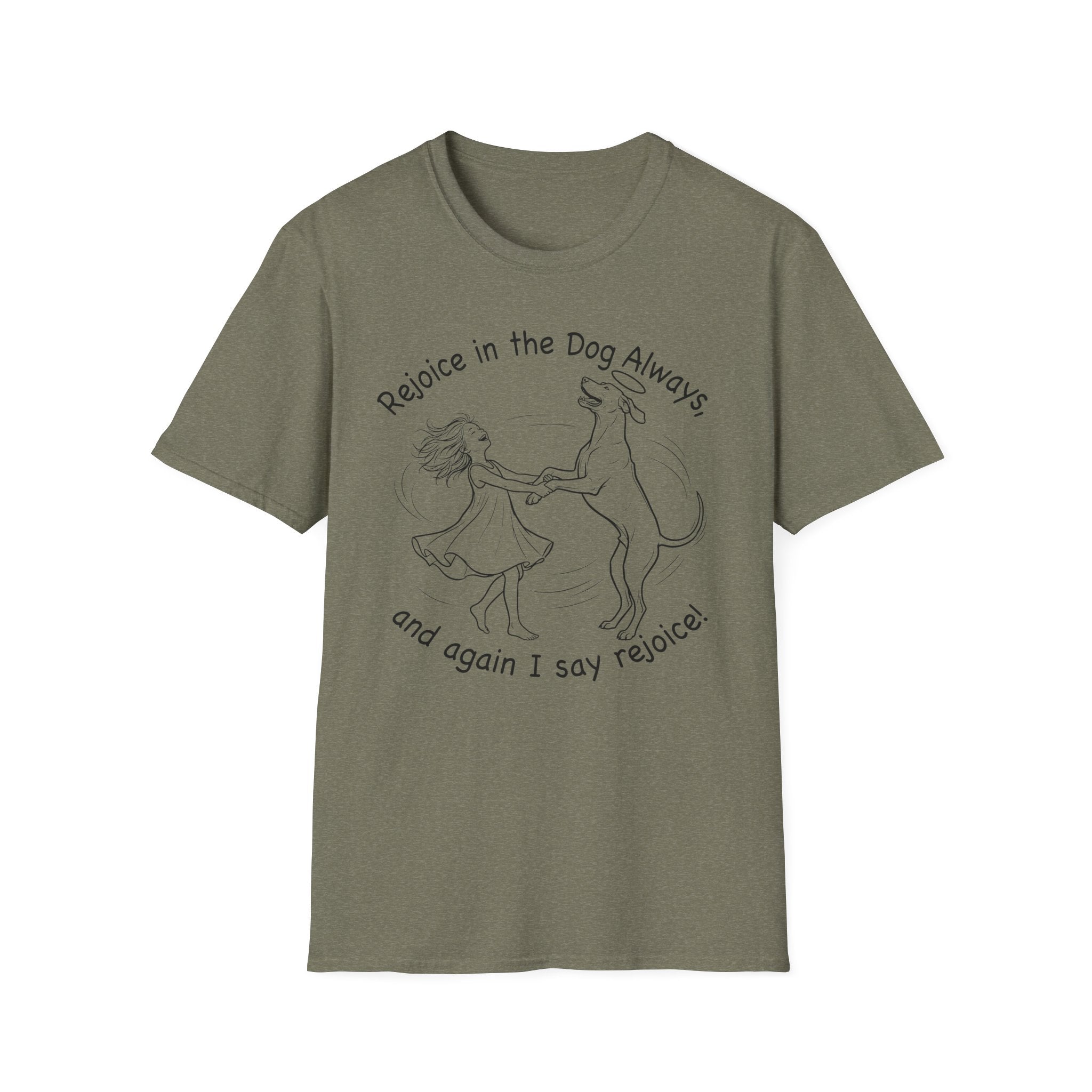 Rejoice in the Dog Rhodesian Ridgeback T-Shirt in military green, flat lay mockup showing a woman joyfully dancing with a rearing Rhodesian Ridgeback line-art illustration and the text 'Rejoice in the Dog Always, and again I say rejoice!'