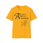 Chihuahua Ask and It Shall Be Fetched T-Shirt flat lay on white shirt featuring a Shel Silverstein-style pen-and-ink illustration of a Chihuahua proudly trotting with a fig leaf and the text 'Ask and it shall be fetched.'