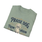 Praise Dog From Whom All Blessings Flow Golden Retriever T-Shirt folded view in sage green, showing the vintage-style halo golden retriever graphic and Praise Dog lettering.