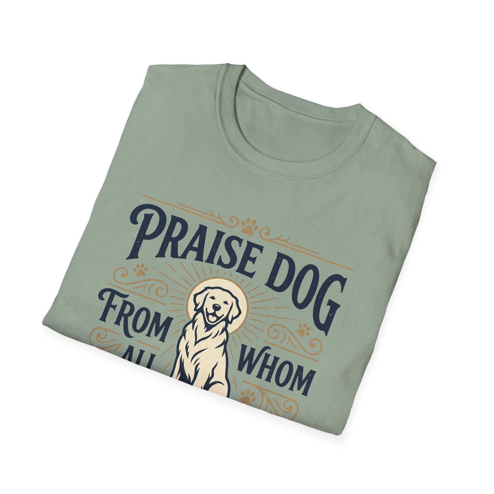Praise Dog From Whom All Blessings Flow Golden Retriever T-Shirt folded view in sage green, showing the vintage-style halo golden retriever graphic and Praise Dog lettering.