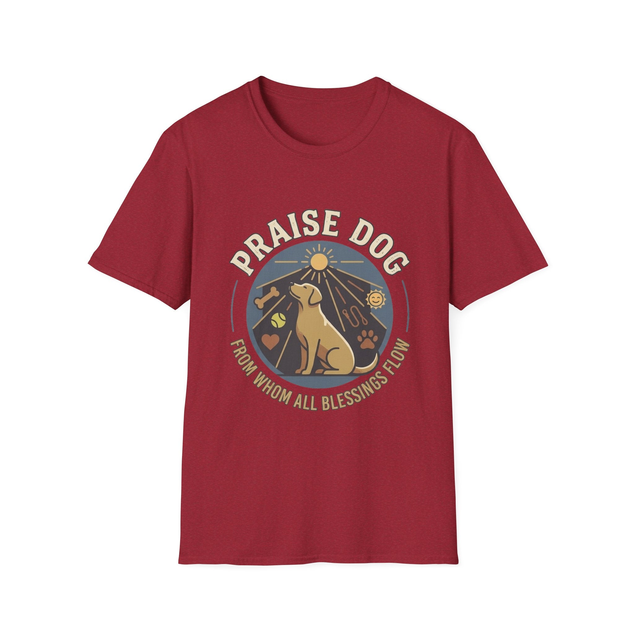 Praise Dog From Whom All Blessings Flow Labrador T-Shirt flat lay in cardinal red, featuring a circular badge graphic of a golden Labrador gazing upward at a sunburst, surrounded by icons of a bone, tennis ball, paw print, and smiley face.