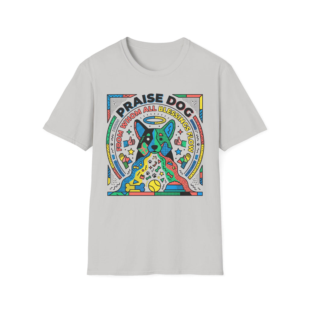 Praise Dog From Whom All Blessings Flow Geometric T-Shirt flat lay in heather gray, featuring a bold pop-art style graphic of a colorful geometric dog with a halo, surrounded by stars, thumbs up, and dog toy icons in vivid primary colors.
