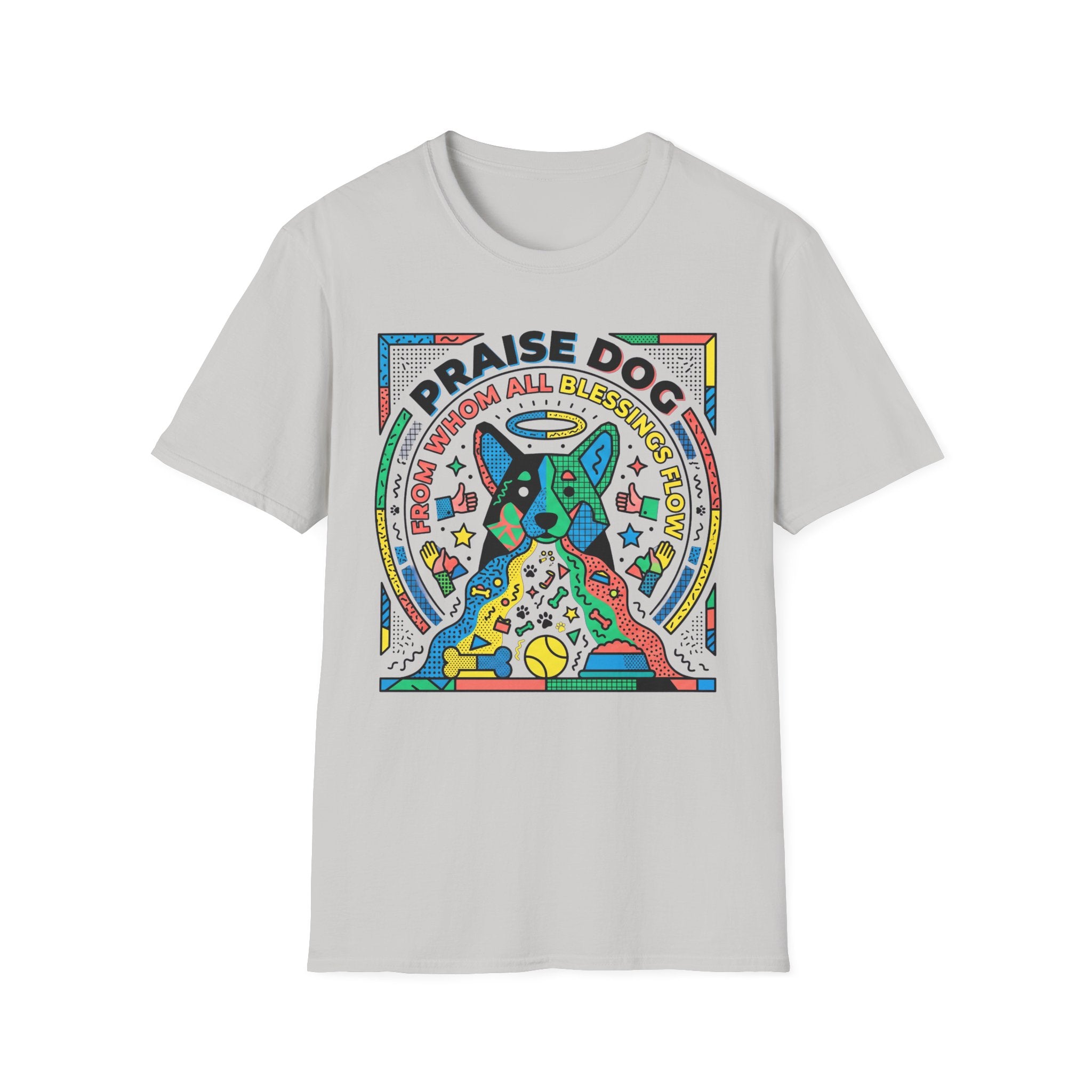 Praise Dog From Whom All Blessings Flow Geometric T-Shirt flat lay in heather gray, featuring a bold pop-art style graphic of a colorful geometric dog with a halo, surrounded by stars, thumbs up, and dog toy icons in vivid primary colors.