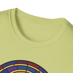 Let Go Let Dog Poodle T-Shirt, close-up detail of stained-glass style arch design on lime green tee showing colorful mosaic border.