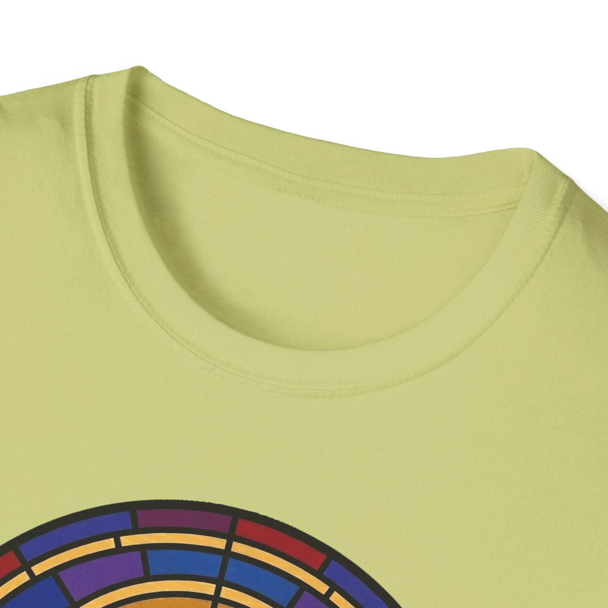 Let Go Let Dog Poodle T-Shirt, close-up detail of stained-glass style arch design on lime green tee showing colorful mosaic border.