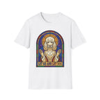 Let Go Let Dog Poodle T-Shirt, flat lay on white tee featuring a stained-glass style poodle depicted as a spiritual figure with paws raised and the text Let Go and Let Dog.