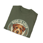 Dog is Love T-Shirt folded view in military green showing the vintage circular badge graphic with a scruffy terrier and "Dog is Love" text.