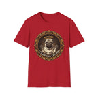 Let Go Let Dog Pug T-Shirt flat lay on red, featuring an ornate gold-framed medallion with a halo-wearing pug raising its paws and the text 'Let Go and Let Dog'.