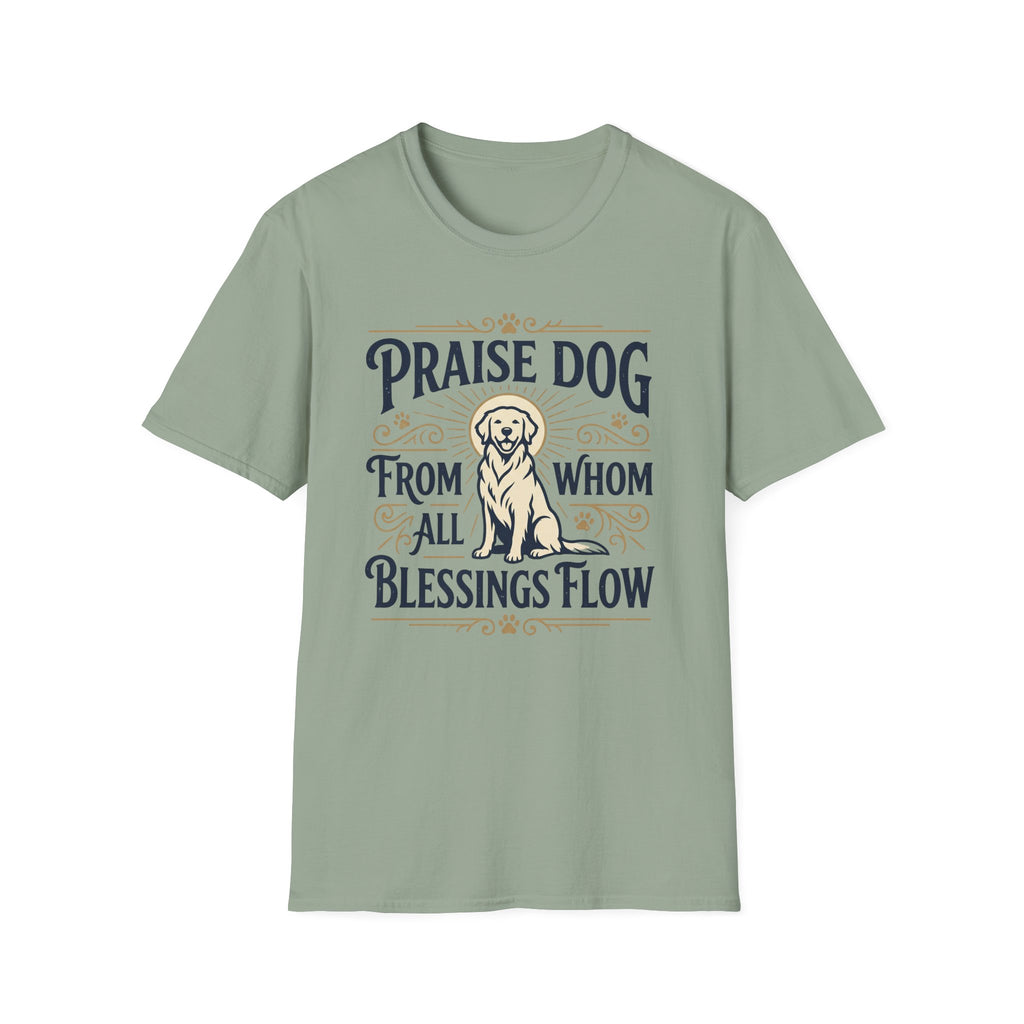 Praise Dog From Whom All Blessings Flow Golden Retriever T-Shirt flat lay in sage green, featuring a vintage-style graphic of a seated golden retriever with a glowing halo, surrounded by ornate scroll flourishes and paw print accents.