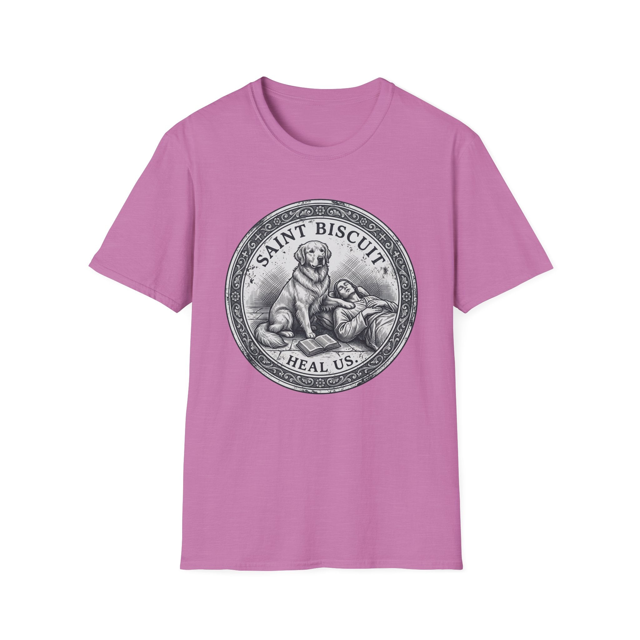 Saint Biscuit Heal Us T-shirt flat lay in lilac pink, featuring a vintage-style medallion graphic of a golden retriever dog watching over a reclining figure with the text 'Saint Biscuit Heal Us'.