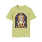 Let Go Let Dog Poodle T-Shirt, flat lay on lime green tee featuring a stained-glass style poodle depicted as a spiritual figure with paws raised and the text Let Go and Let Dog.
