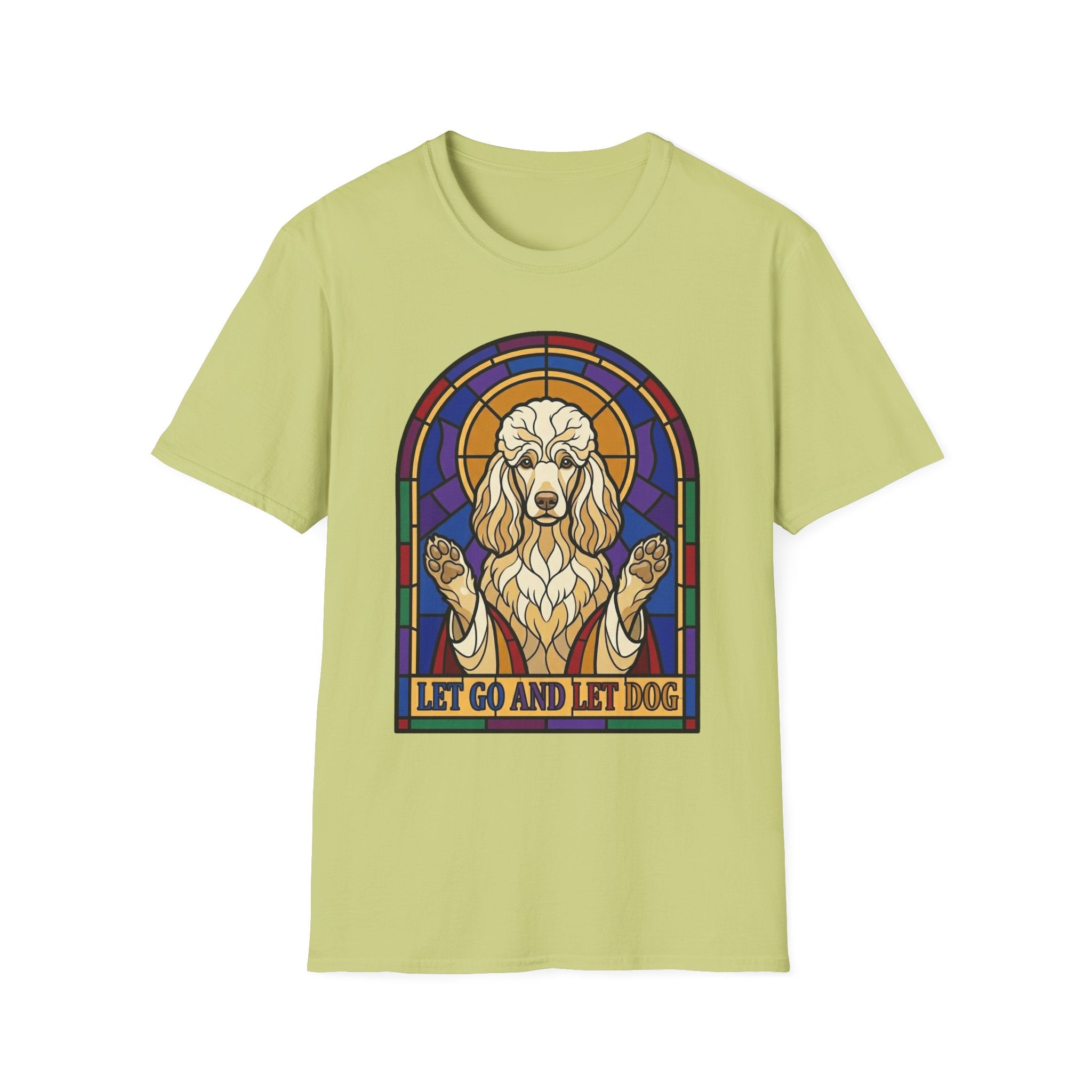 Let Go Let Dog Poodle T-Shirt, flat lay on lime green tee featuring a stained-glass style poodle depicted as a spiritual figure with paws raised and the text Let Go and Let Dog.