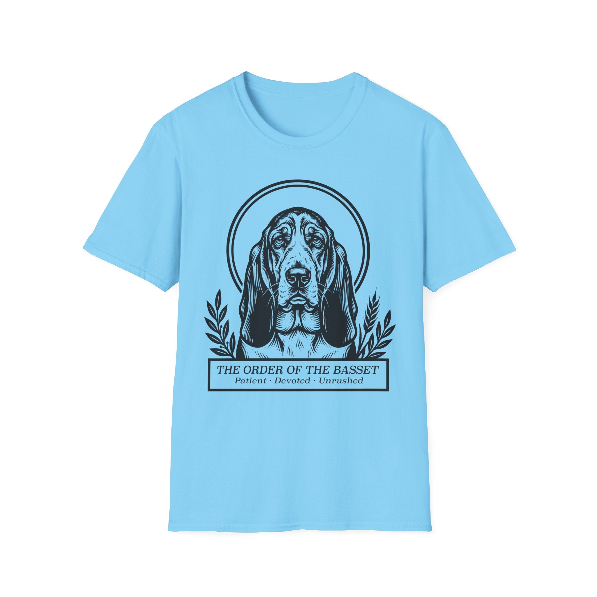 Holy Orders | Basset Hound T-Shirt flat lay on navy shirt featuring a stained glass style illustration of a Basset Hound depicted as a holy figure with a golden halo and the text 'Holy Orders.'