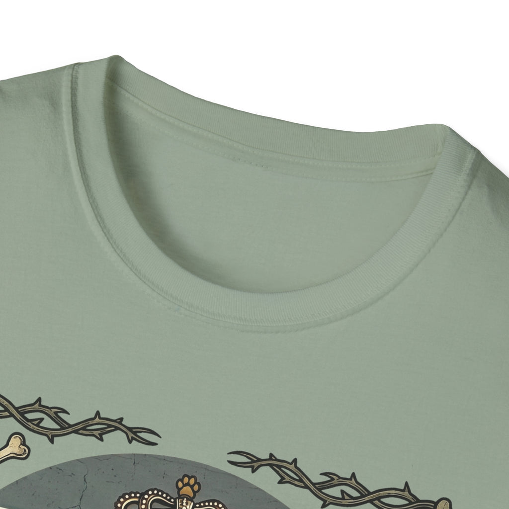 For the Love of Dog Whippet T-Shirt close-up detail of the collar and top of the graphic on a navy blue shirt showing the ornate thorn border and dog crown.