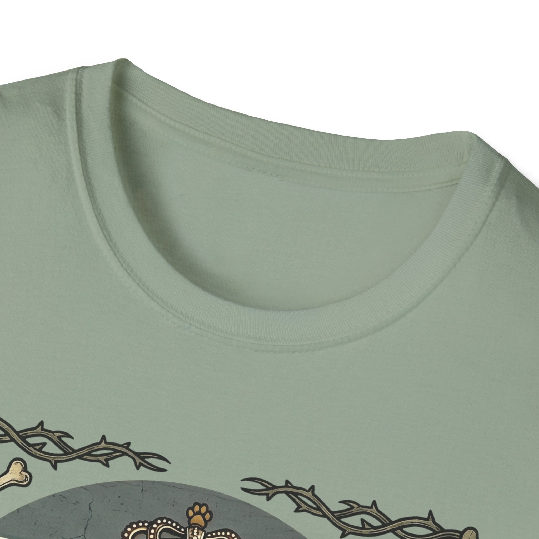 For the Love of Dog Whippet T-Shirt close-up detail of the collar and top of the graphic on a navy blue shirt showing the ornate thorn border and dog crown.