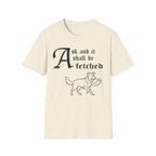 Border Collie Ask and It Shall Be Fetched T-Shirt flat lay on navy shirt featuring a Shel Silverstein-style pen-and-ink illustration of a Border Collie proudly trotting with a dove held gently in its mouth and the text 'Ask and it shall be fetched.'